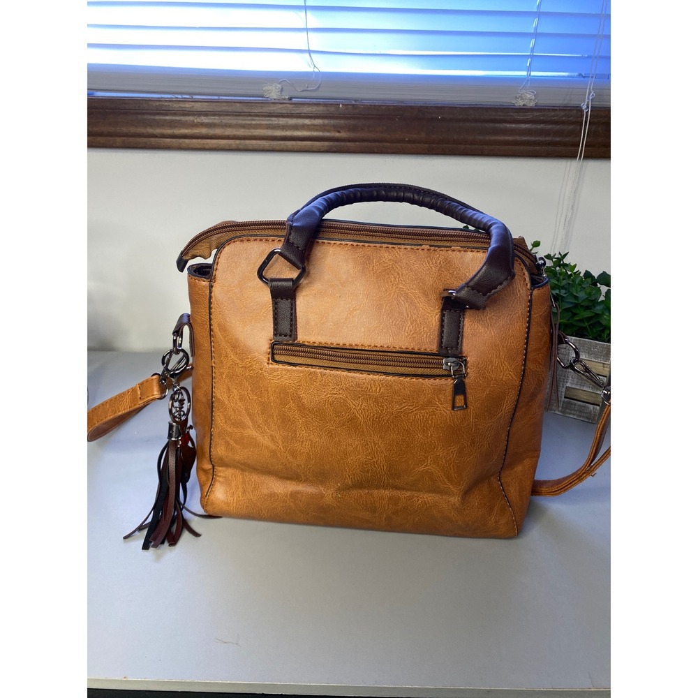 Womens Tan Faux Leather Satchel‎ Handbag Crossbody Bag Cat Charm Tassel